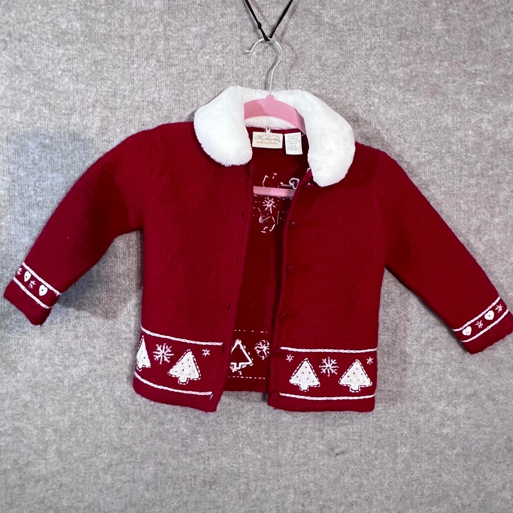 Vintage Heirlooms by Polly Flinders Cardigan Girl 4 Wool Christmas Faux Fur FLAW